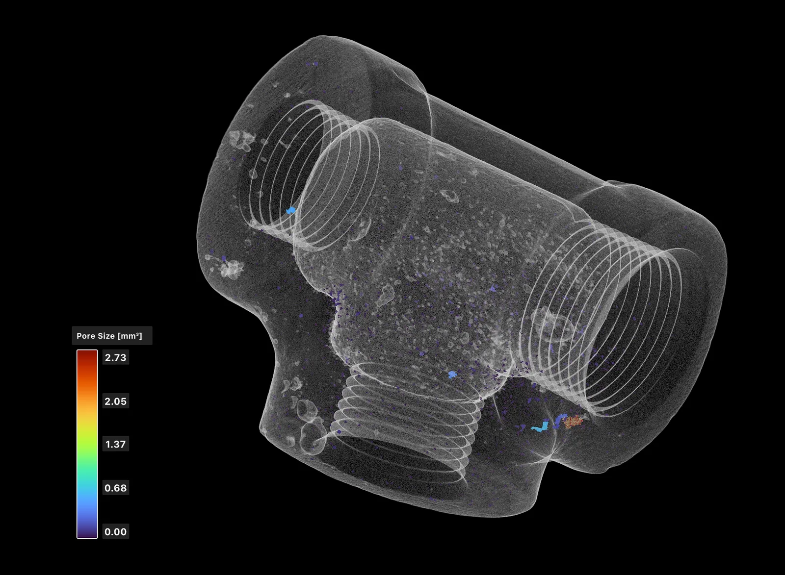 3D CT 비파괴 기공검사 — 금속 배관 피팅 내부 기공 크기(Pore Size) 컬러맵