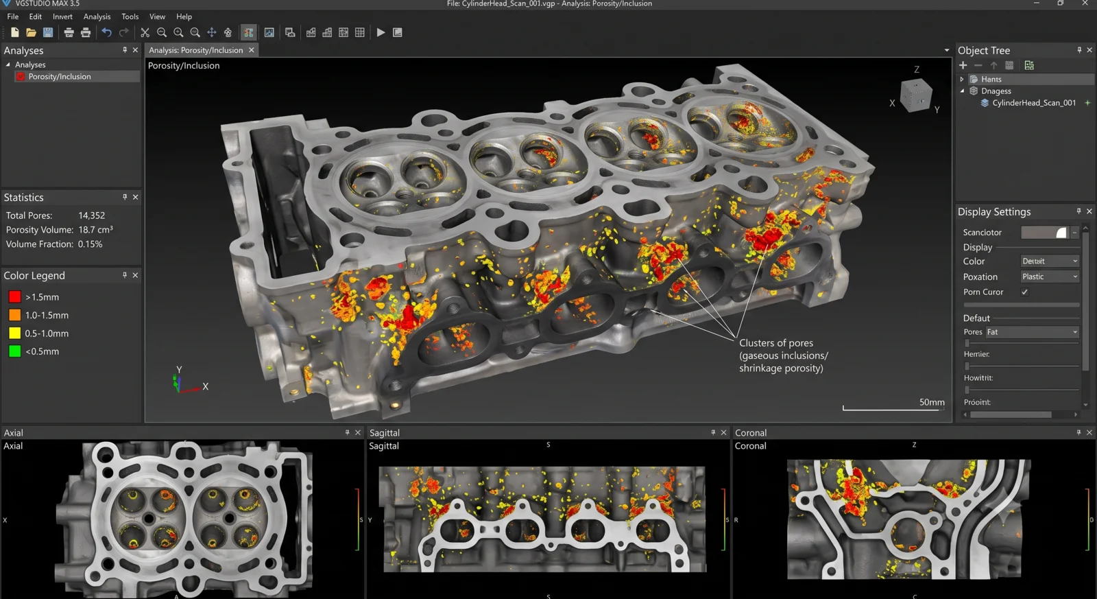 3D CT 비파괴 기공검사 — 다이캐스팅 실린더 헤드 내부 기공 분포 컬러맵(VGSTUDIO MAX Porosity/Inclusion 분석)