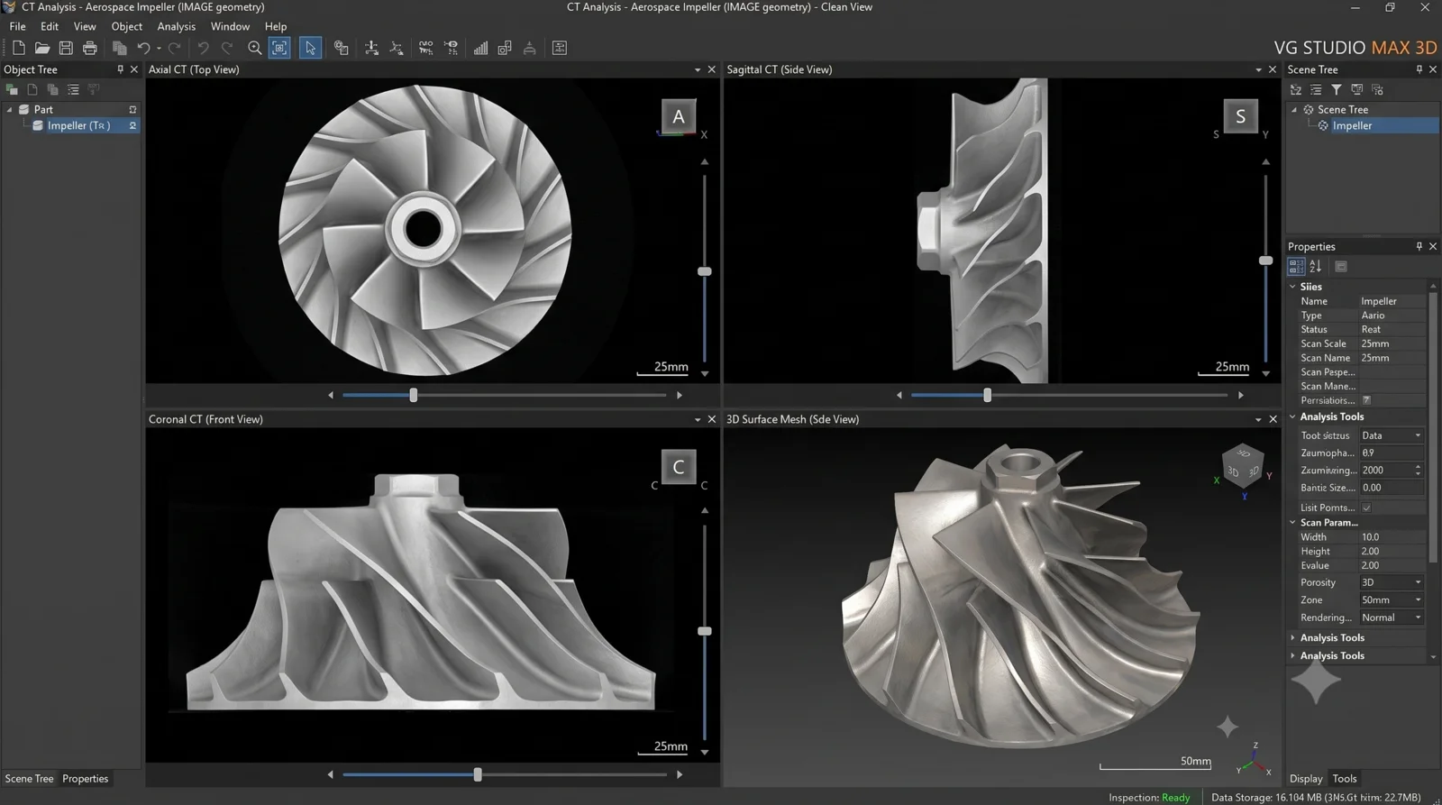3D CT 비파괴 역설계 — 임펠러 축방향·시상면·관상면 CT 단면과 3D 표면 메쉬(VGSTUDIO MAX)