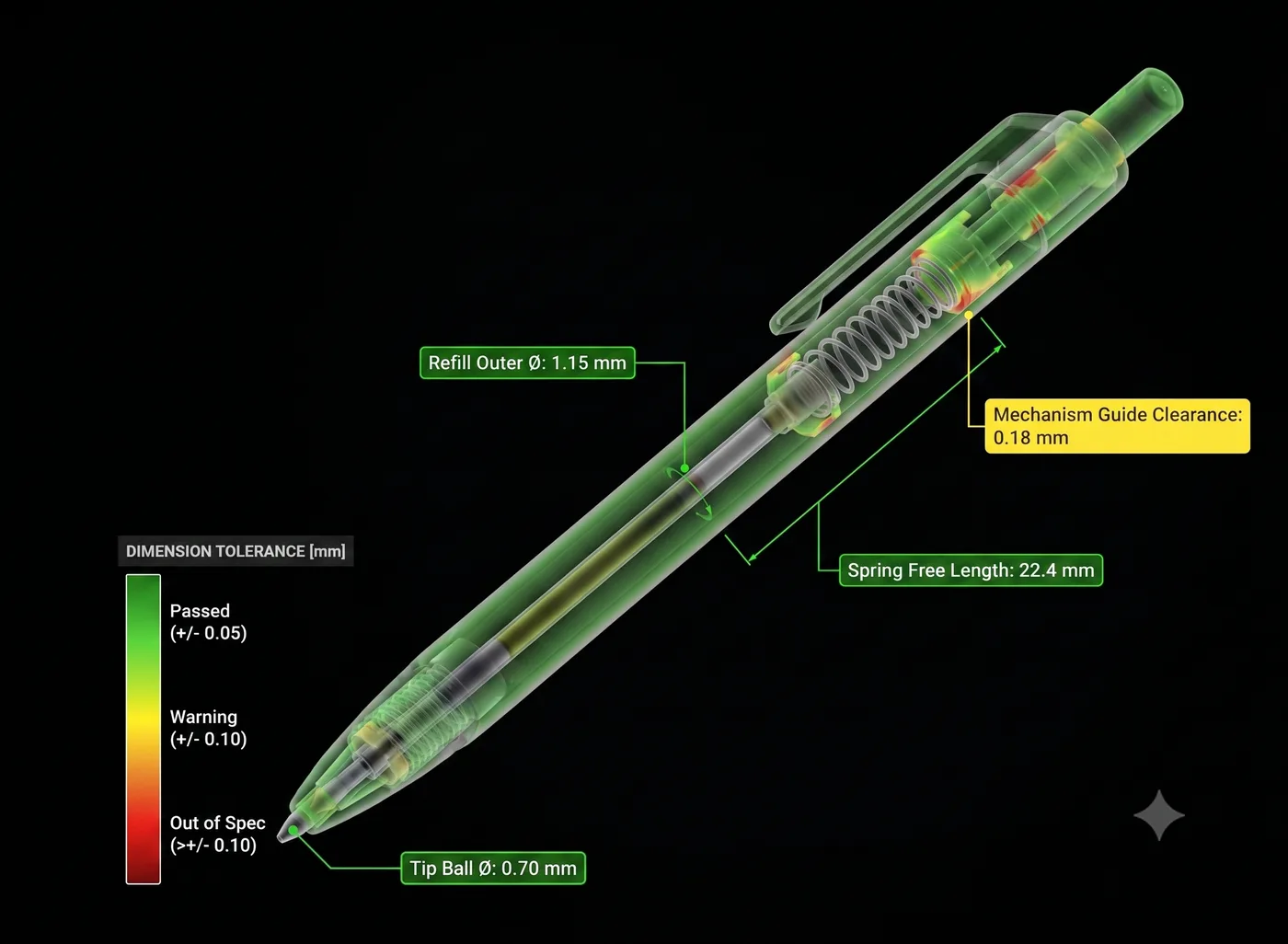 치수검사 3D CT 공차 컬러맵 — 볼펜 완제품 내부 치수 측정